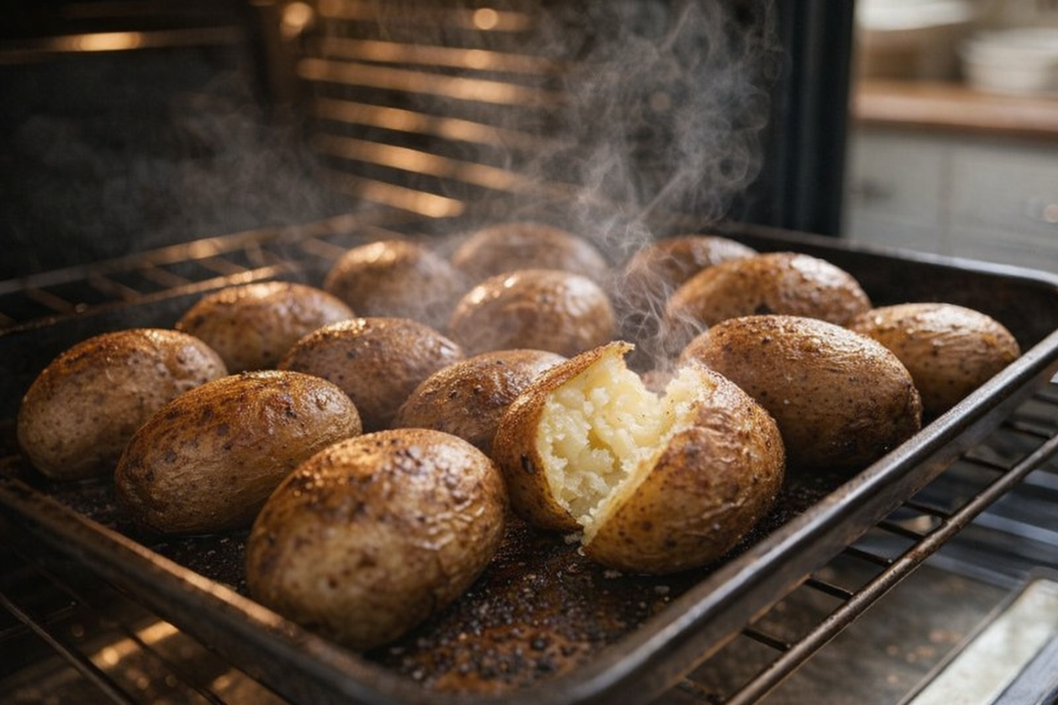 A medium shot of potatoes baking on a sheet pan inside an oven, showcasing the browning skin and steamy interior